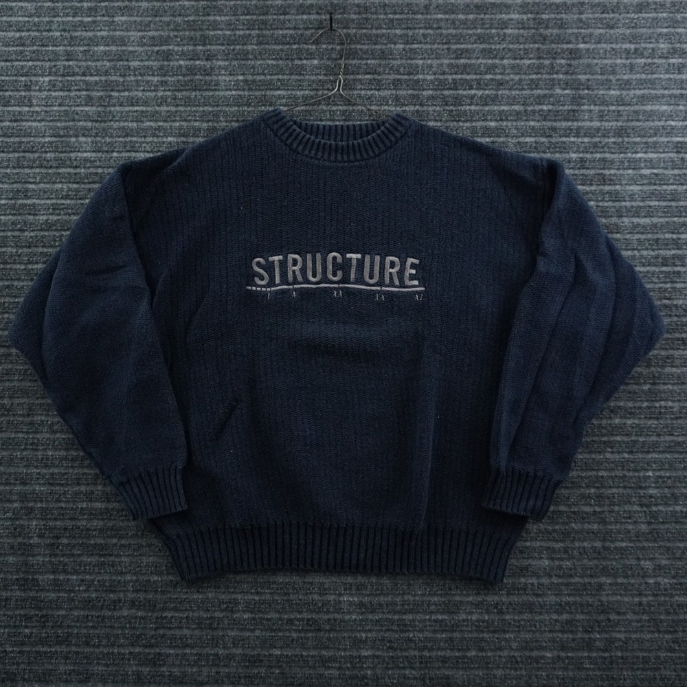 VTG Structure Crewneck Sweater Mens Large Navy Blue Embroidered Logo Heavy Knit